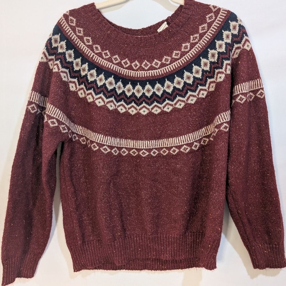 Burgundy Blue Cream Soft Knit Sweater L Cabincore Retro Fair isle L